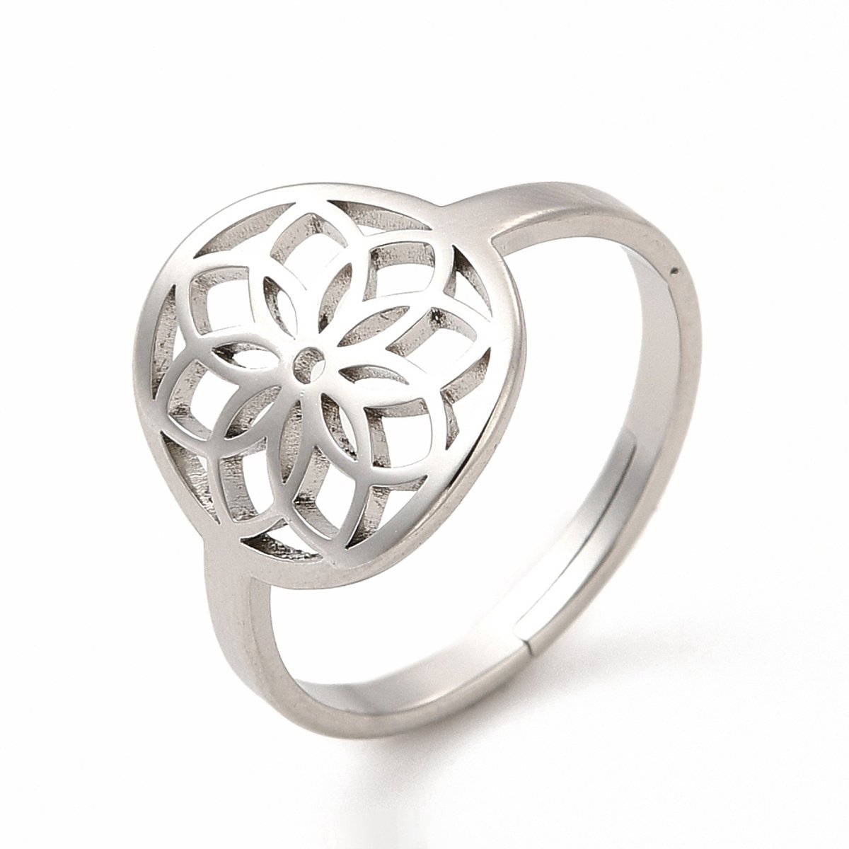 Ring stainless steel mandala bohemian, one size ring, zilverkleurig, 100% waterproof, verstelbare ring, cadeau