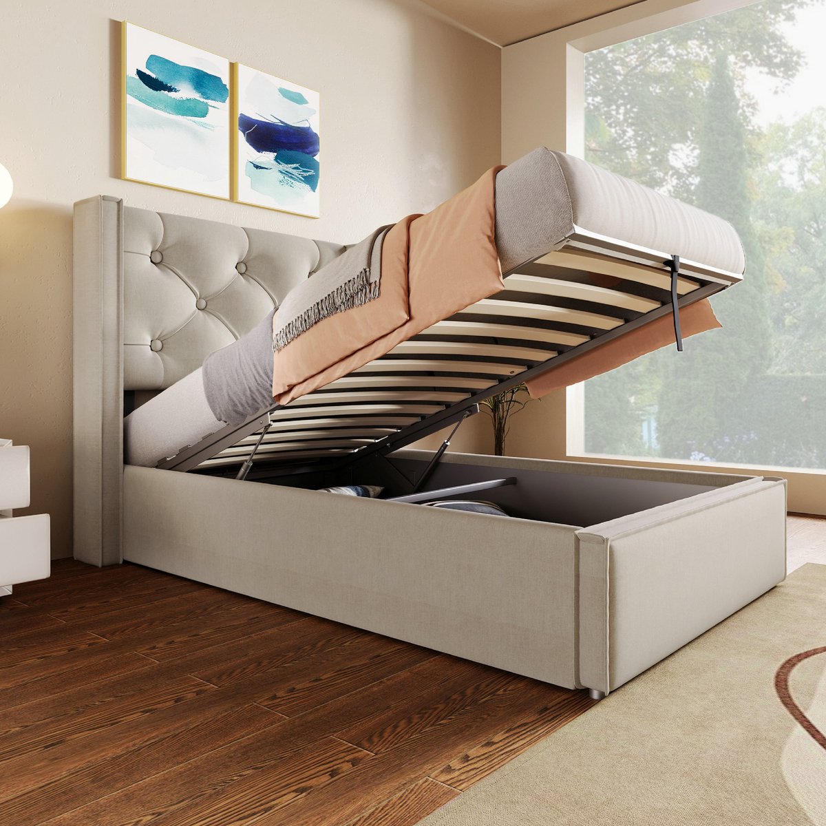 90x200 cm opbergbed met lattenbodem - modern gestoffeerd hydraulisch eenpersoonsbed - massief hout + katoen + metaal - lichtgrijs