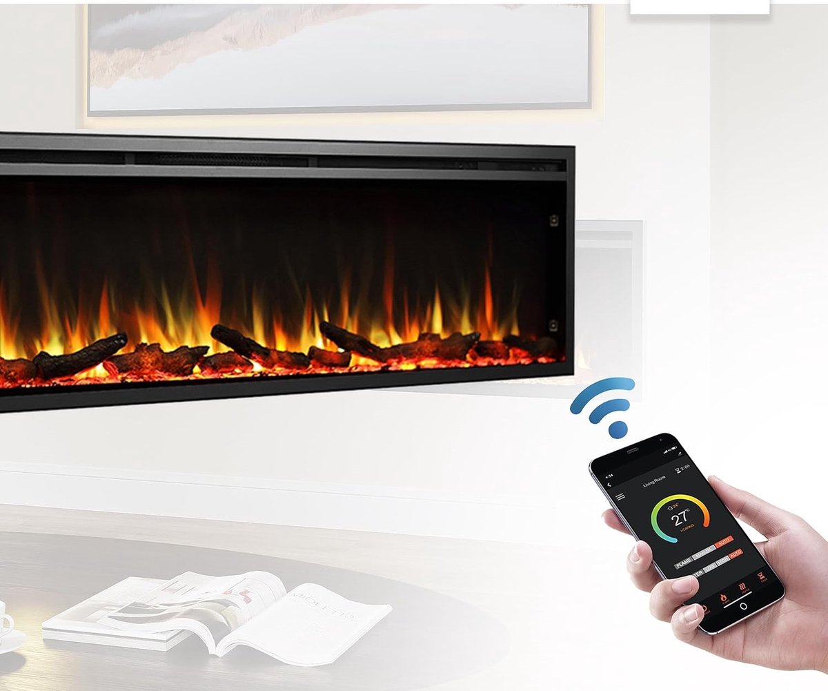 Elektrische Inbouwhaard TasalFurniture Atalanta 72" – 2000W Verwarming, Realistisch 3D-Vlameffect, Knisperfunctie, Afstandsbediening, Timer en Thermostaat – Zwart, Modern Design voor Huiskamer