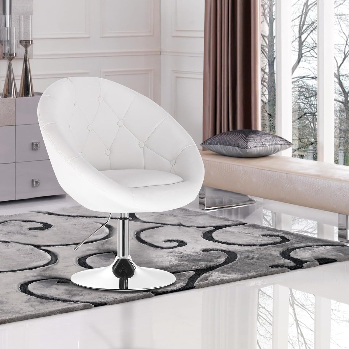 Barstoel in hoogte verstelbaar Novihome Luxe Draaistoel met Armleuningen, Kunstleer & Fluweel, Ergonomische Loungestoel voor Woonkamer, Keuken, Eetkamer en Make-up – Wit