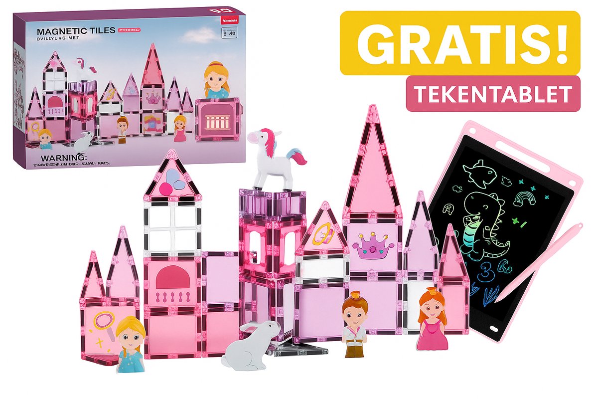 Magnetische Tiles Prinses Kasteel – 37 Stuks – Leeftijd 3 t/m 8 Jaar - Educatieve Bouwset met Poppetjes + Gratis Tekentablet - Magneet Speelgoed - Cadeautje Meisje 5 Jaar - Speelgoed - Educatief