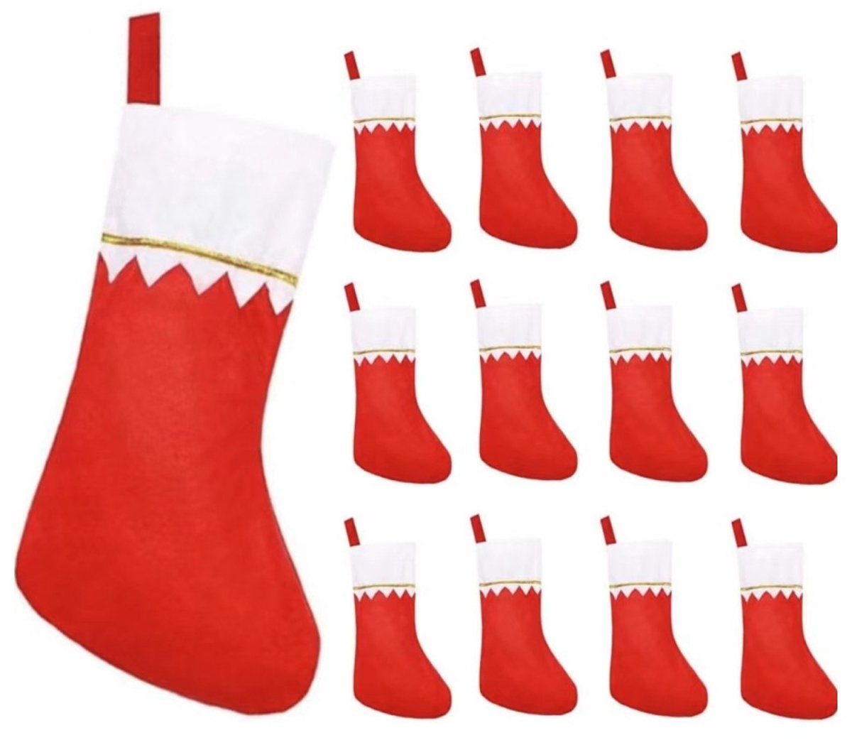 QTTVBTNA - 12 Stuks Kerststockings Set - Rode & Witte Kerstsokken met Gouden Rand - Vilt Kerstmutsen voor Gezinsdecoratie - Feestelijke Kerstversiering voor aan de Schoorsteenmantel