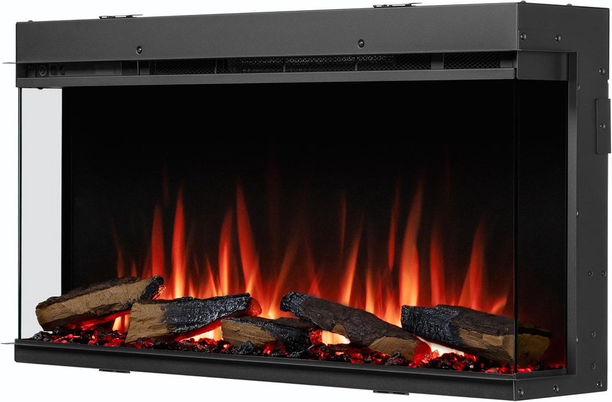 Elektrische Wandhaard TasalFurniture Athena 36" – Moderne Inbouw Open Haard met Realistisch 3D-Vlameffect, LED-Verlichting, Afstandsbediening, Timer en Thermostaat – 2000W Verwarming – Zwart