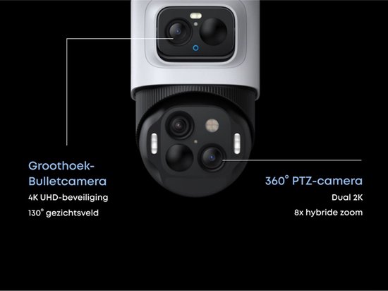 Detail van een beveiligingscamera met een groothoek-bulletcamera en een 360° PTZ-camera.