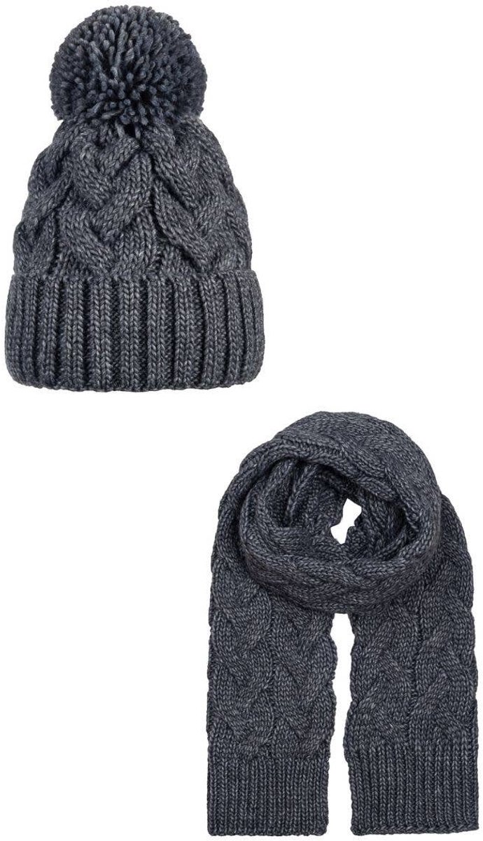 Set van gevlochten muts en sjaal met wol – unisex - donkergrijs