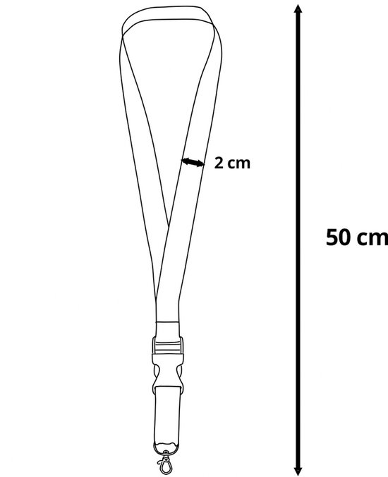 Schematische weergave van een blauw sleutelkoord van 50 cm lang en 2 cm breed