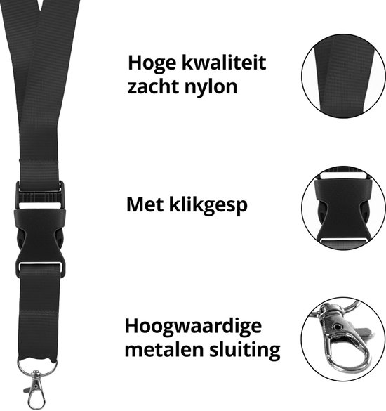 Zwart nylon keycord met kliksluiting en metalen sluiting. Hoge kwaliteit, zacht materiaal.