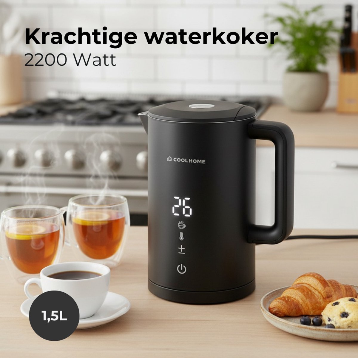 CoolHome WB25 Waterkoker - dubbelwandige waterkoker - 2200W - Warmteregelaar functie - Zwart — afbeelding 2