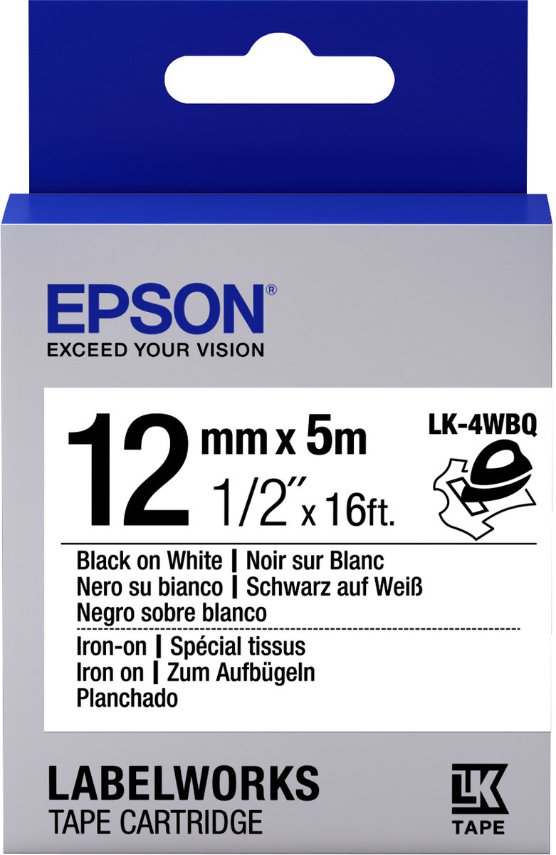Label Cartridge Iron on LK-4WBQ Black/White 12mm (5m)