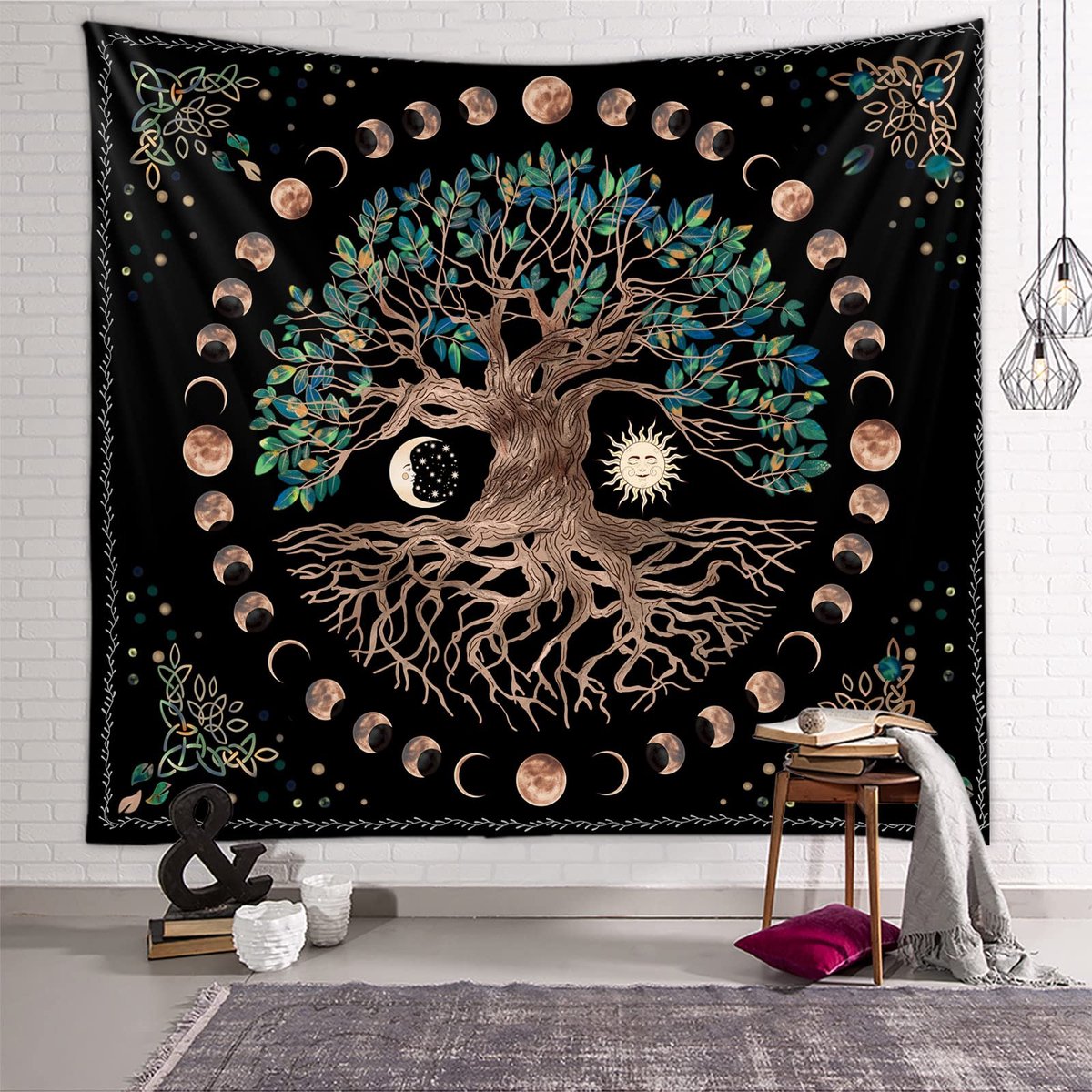 Unyqoos® Psychedelisch wandtapijt met levensboom en maanfasen voor interieurdecoratie