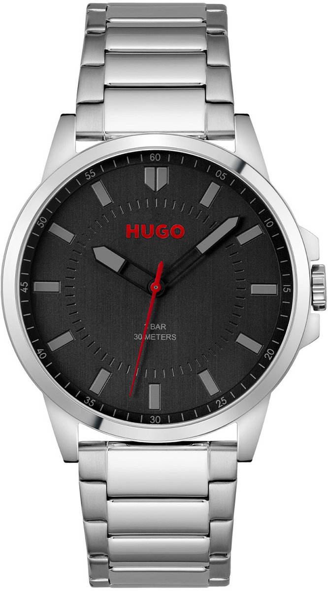 HUGO HU1530246 #FIRST Heren Horloge - Mineraalglas - Staal - Zilverkleurig - 43 mm breed - Quartz - Vouw-Vlindersluiting - 3 ATM (spatwater)