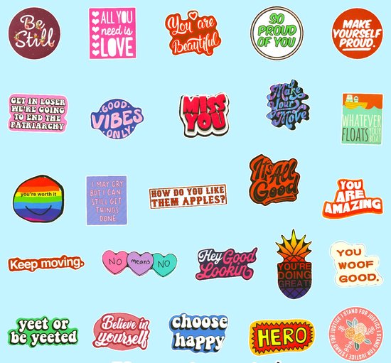 Verzameling stickers met inspirerende teksten zoals 'You are Beautiful' en 'So Proud Of You'.