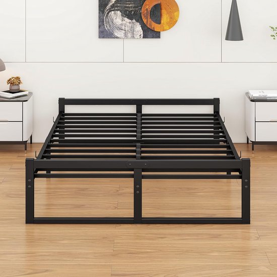 Cadre de lit robuste en métal 160 x 200 cm – Effet flottant, avec sommier à lattes et espace de rangement Extra sous le lit – Montage facile, silencieux et solide – Zwart