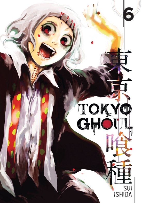 Juzou Suzuya de Tokyo Ghoul, aux cheveux blancs, yeux rouges, points sur la tête et une chemise blanche à pois verts et rouges.