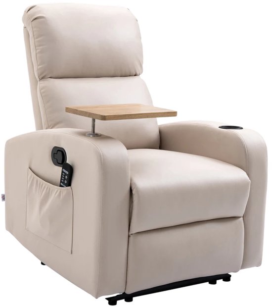 Elektrische Massagestoel - Power Massagefauteuil met Opklapbare Tafel - 4 Massagestanden - 145 Graden Kantelbaar - Draaibaar - met Afstandsbediening - Relaxfauteuil - TV Stoel - Beige