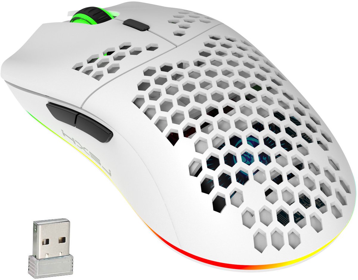 Rechargeable Draadloze Gaming Muis - Ultra licht - RGB Verlichting- 10 Meter - Wit