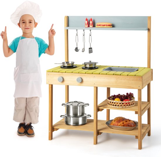 COSTWAY Modderkeuken voor kinderen, outdoor, houten kinderkeuken met afneembare spoelbak, speelkeuken met 3 haken en 2 fornuizen en afneembaar rek, tuinkeuken, outdoorkeuken voor kinderen vanaf 3 jaar