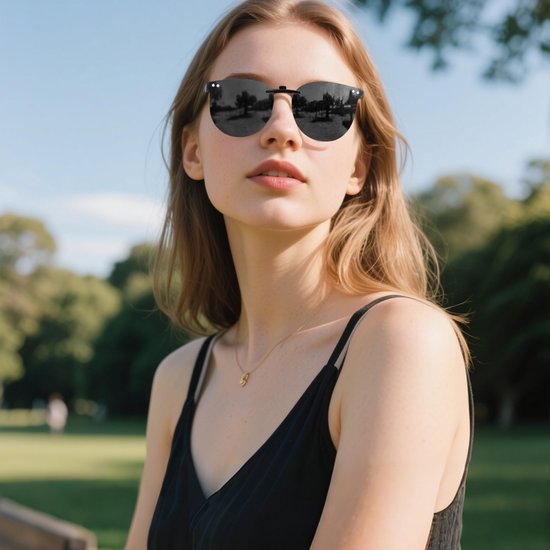 Model met lang blond haar draagt een modieuze, platte, ronde, zwarte clip-on zonnebril in een park.