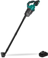 Turquoise en zwarte steelstofzuiger met lange zuigmond en losse accu. Op witte achtergrond.