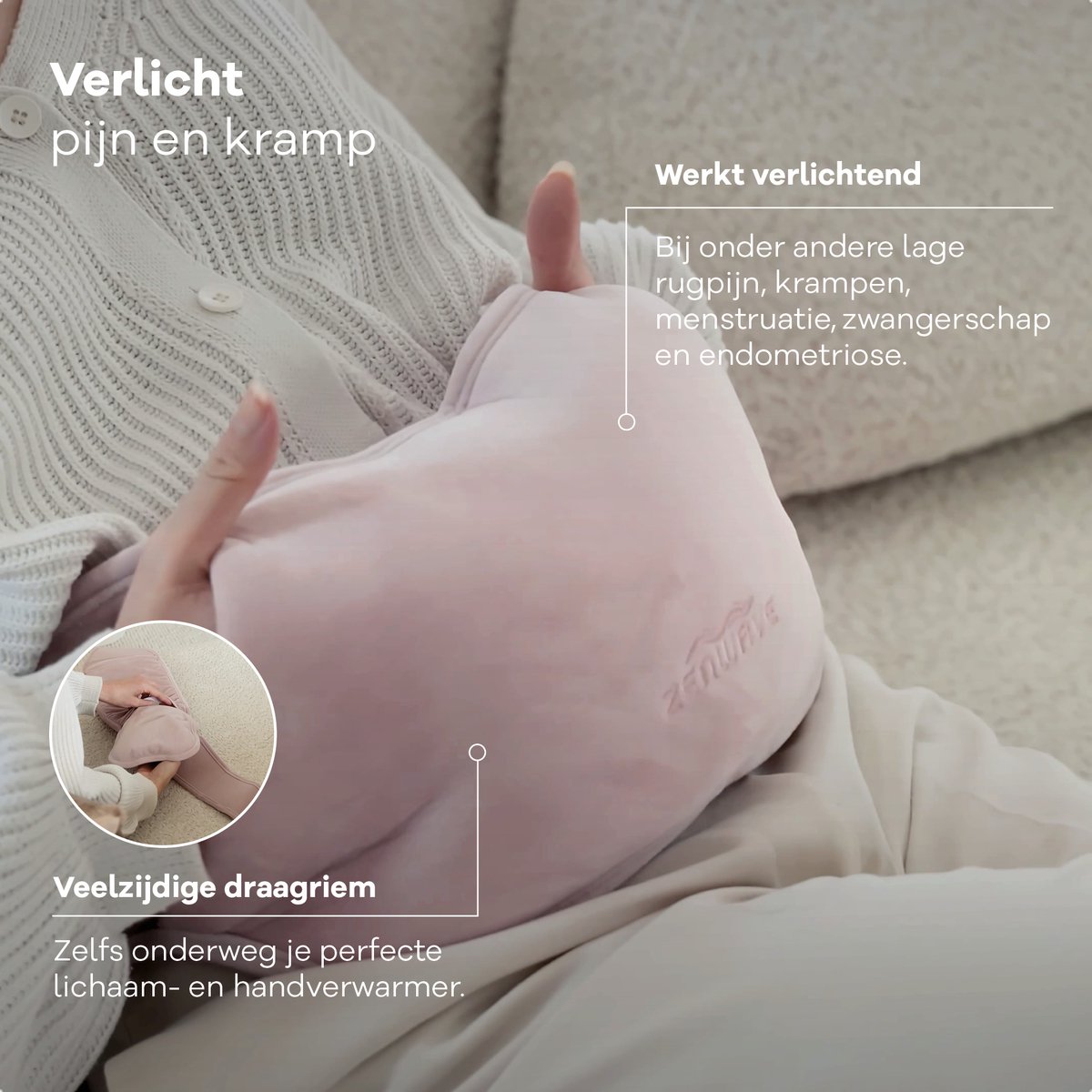 Zenwave Elektrische Kruik met Hoes - Digitaal Display - Warmtekruik & Waterkruik met Handwarmers - Oplaadbare Warmtekussen - Menstruatie Warmteband - Duurzaam & Draadloos - Kamperen & Outdoor - Warmwaterkruik Roze – foto 4