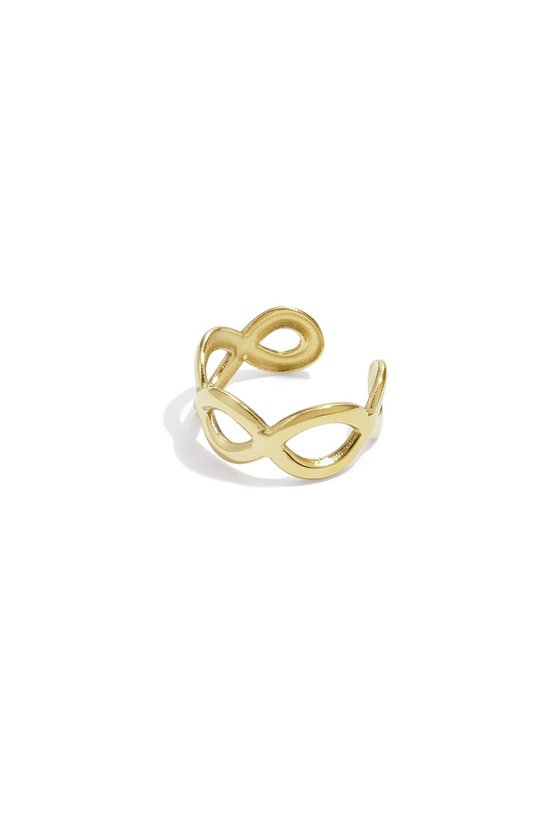 Gouden oorclip met een infinity knoop design. Het is gemaakt van glanzend metaal.