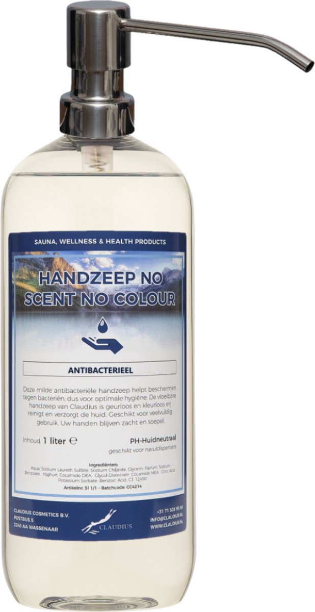 Handzeep No Scent No Colour 1 liter - met gratis RVS zilverkleurige pomp