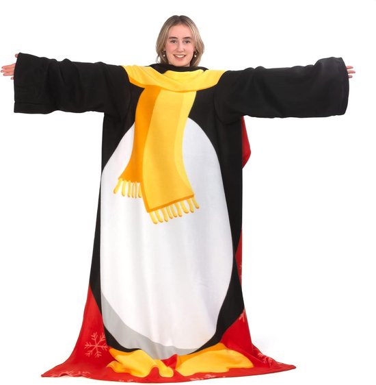 Snug Rug Christmas Penguin - Couverture TV à carreaux avec manches - Noir / Blanc / Jaune