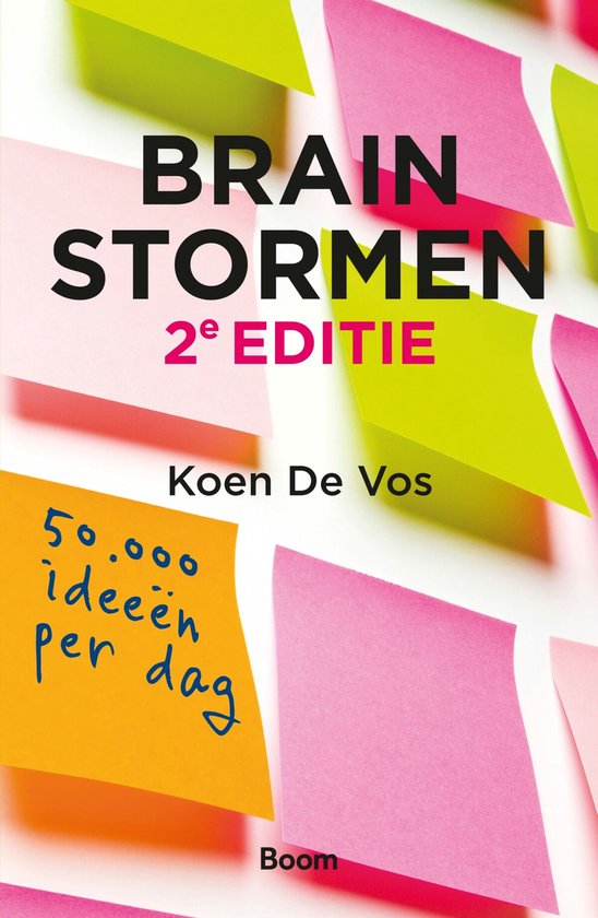 Boek met de titel 'Brainstormen, 2e editie' van Koen De Vos, met kleurrijke post-its.