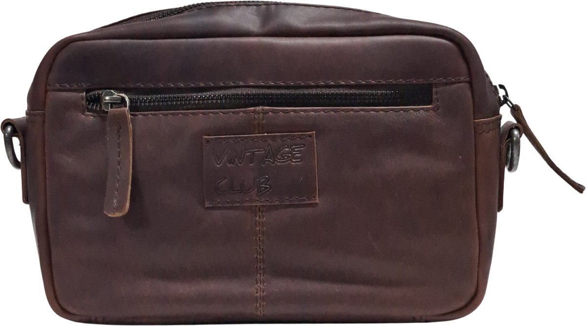 Landleder - Schoudertas / Crossbody bag - "Vintage Club" - Leer - Kastanje Bruin - afmeting : 24 x 10 x 16 cm.