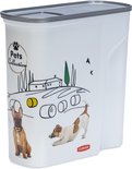 Witte opbergbak met grijze deksel. Afbeeldingen van een Franse buldog, een Jack Russell, en een landschap met hooibalen.