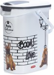 Witte opbergbak met grijze deksel. Afbeelding van een Franse buldog, een cockerspaniël en graffiti.