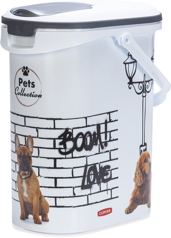 Witte opbergbak met grijze deksel. Afbeelding van een Franse buldog, een cockerspaniël en graffiti.