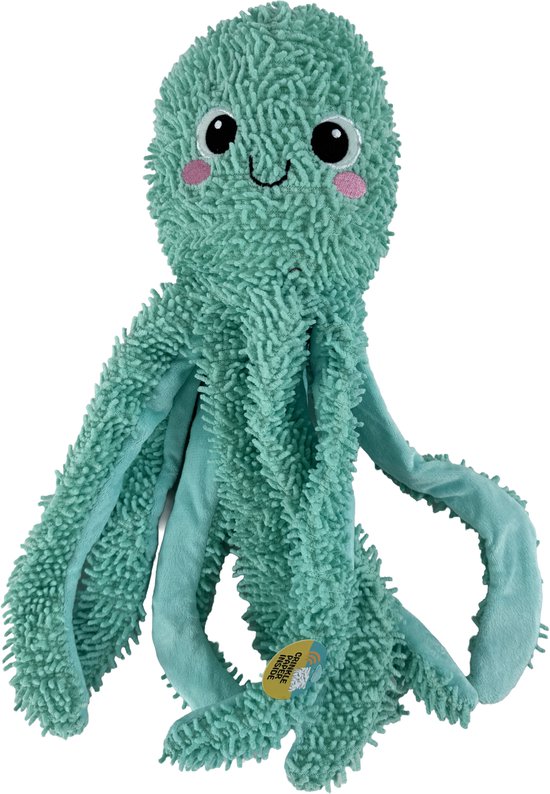 Een zachte, turquoise octopus knuffel met een vrolijk gezichtje en lange, wapperende tentakels.