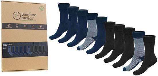 Doos Bamboo Basics 10-pack sokken. Meerdere paren donkerblauw, zwart en gestreept.
