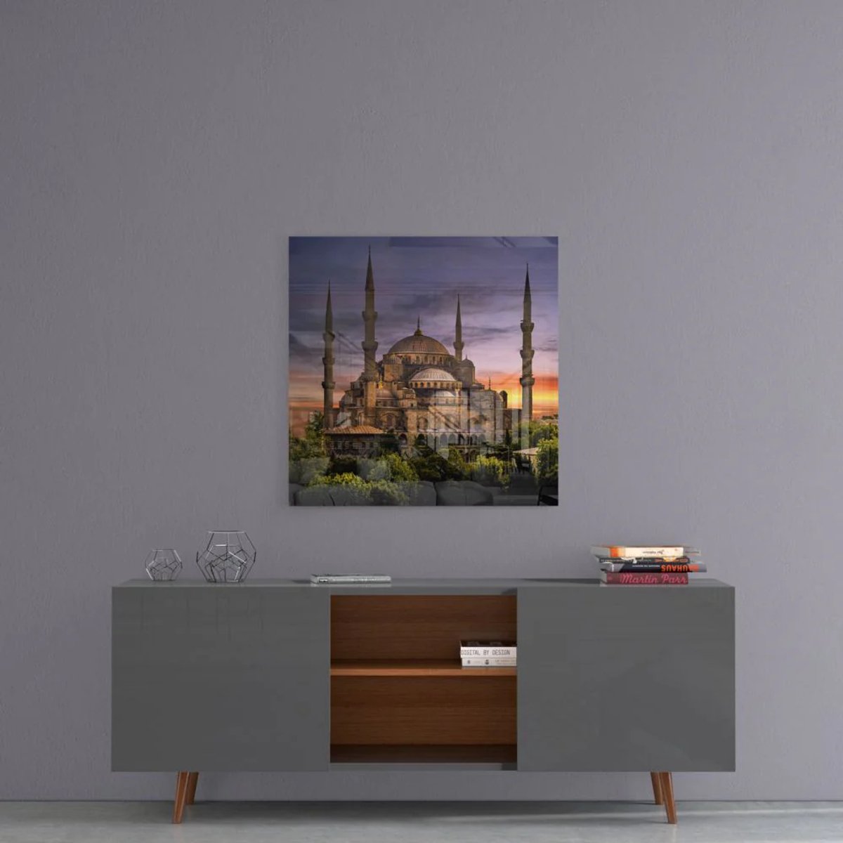 Insigne Art Vierkant Glasschilderij – Istanbul Moskee – Islamitische Wanddecoratie - 100x100 cm Blauw