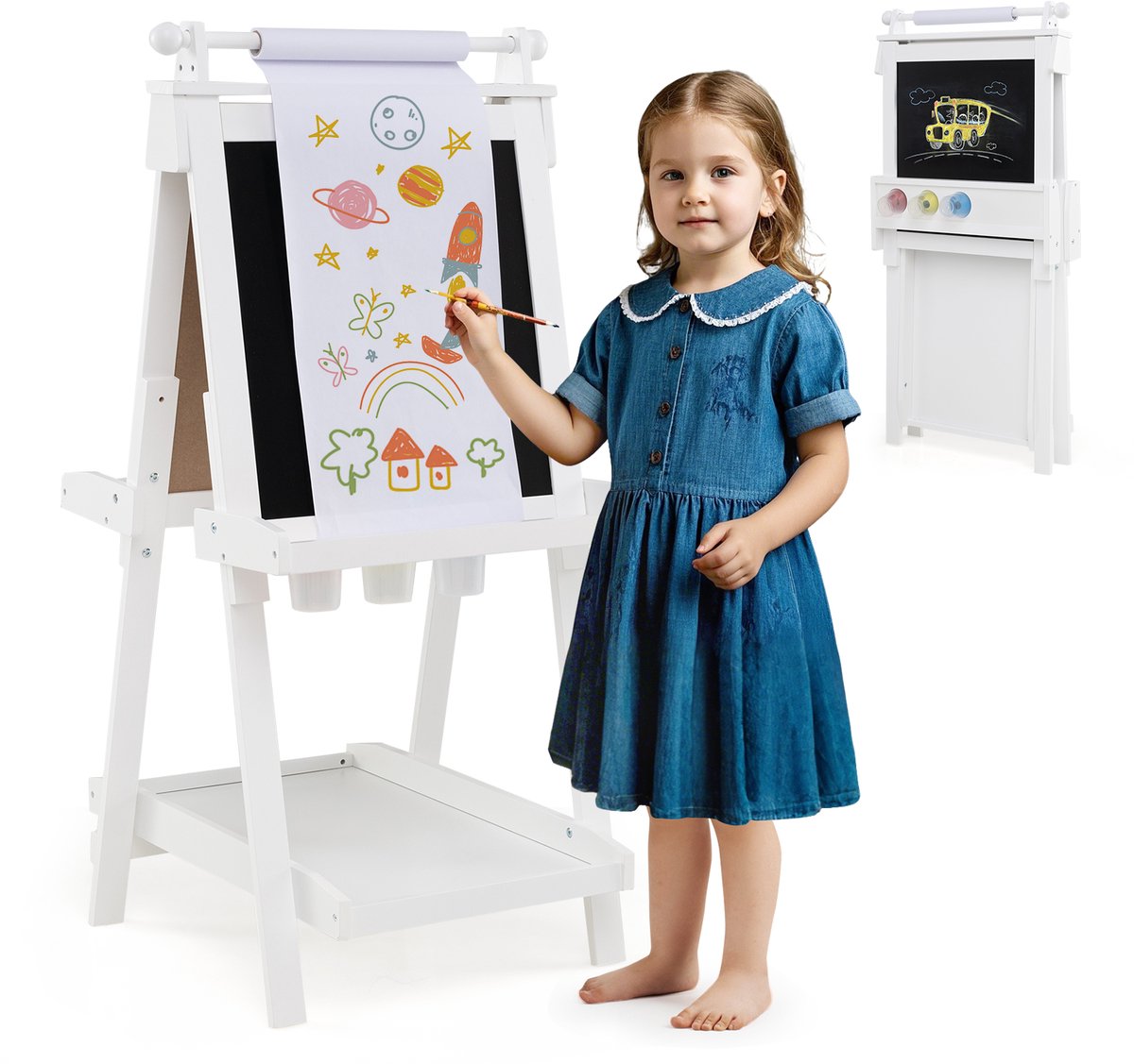 COSTWAY Inklapbaar ezel, in hoogte verstelbaar, met whiteboard en magnetisch bord, dubbelzijdig kinderbord met papierrol en 3 schilderkommen, klapbord voor kinderen vanaf 3 jaar, wit