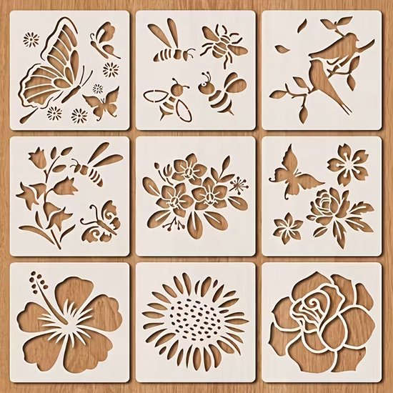 Foto: Bullet journal plastic stencils 9 stuks templates bloemen flowers planten plants vlinders bijen vogels mix sjablonen 10 x 10 cm handlettering toolkit knutselen decoratie accessoires