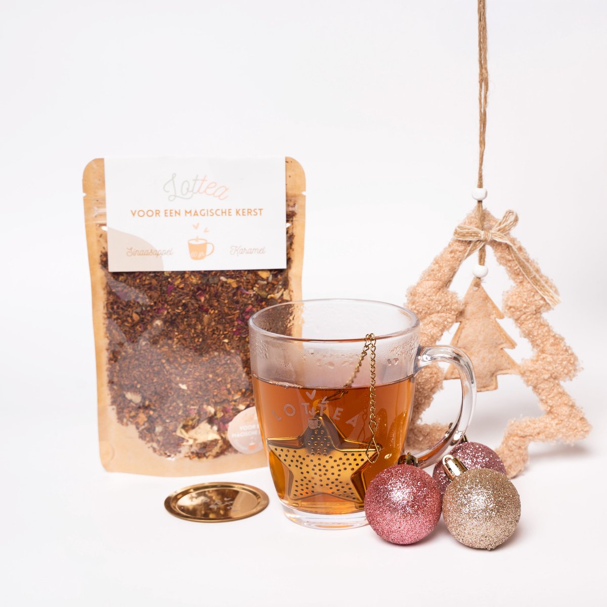 Lottea Giftset Kerstgeschenkje ‘Voor een Magische Kerst’, kerstgeschenk, kerstcadeautjes klein, kerstthee, thee, theezeef, theecadeau