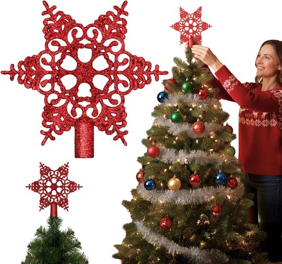 Piek voor de kerstboom glanzend rood en luxe gouden decoratie 27 cm hoog