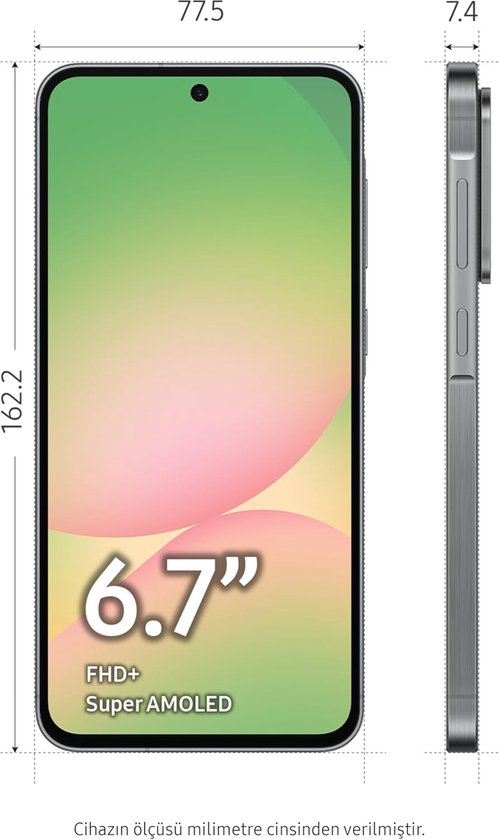 Dimensions d'un smartphone Samsung gris : 162,2 mm de hauteur, 77,5 mm de largeur et 7,4 mm d'épaisseur.