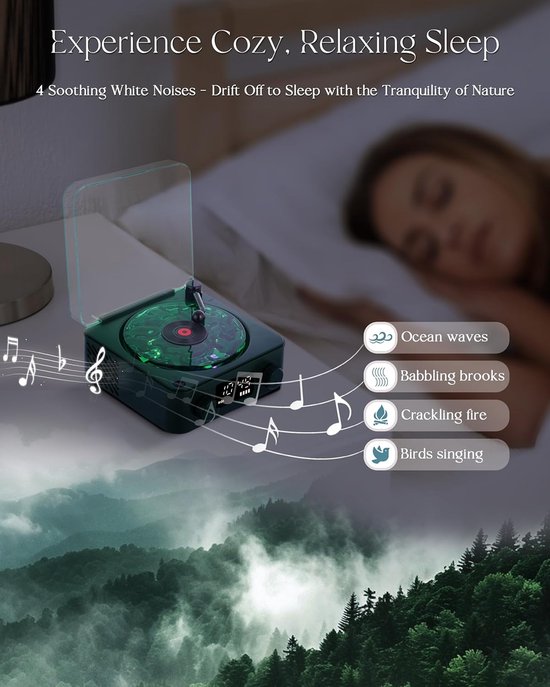 Platenspeler - Platenspeler bluetooth - Vinylspeler - platenspeler met speakers - Bluetooth-luidspreker - draagbare vintage vinylluidspreker met oceaangeluid en witte ruis - met instelbaar licht en timer voor slaapkamer, feest（Donkergroen） — afbeelding 3