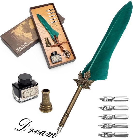 Gsedaox-Set de stylos de calligraphie-Plume d'écriture-Stylo à couronne pour débutants-Comprenant un encrier, un porte-plume et 5 pointes d'écriture-Vert