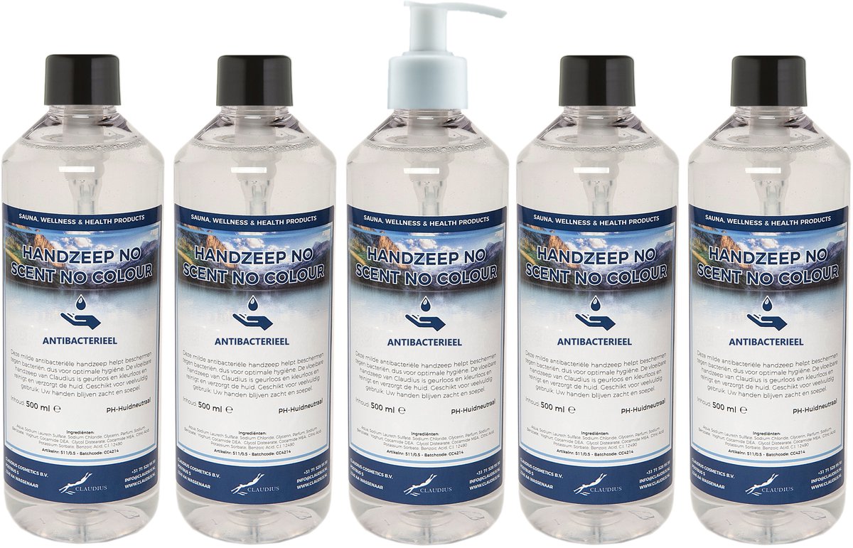 Handzeep No Scent No Colour 500 ml - set van 5 stuks - met gratis pomp - Voordeelverpakking