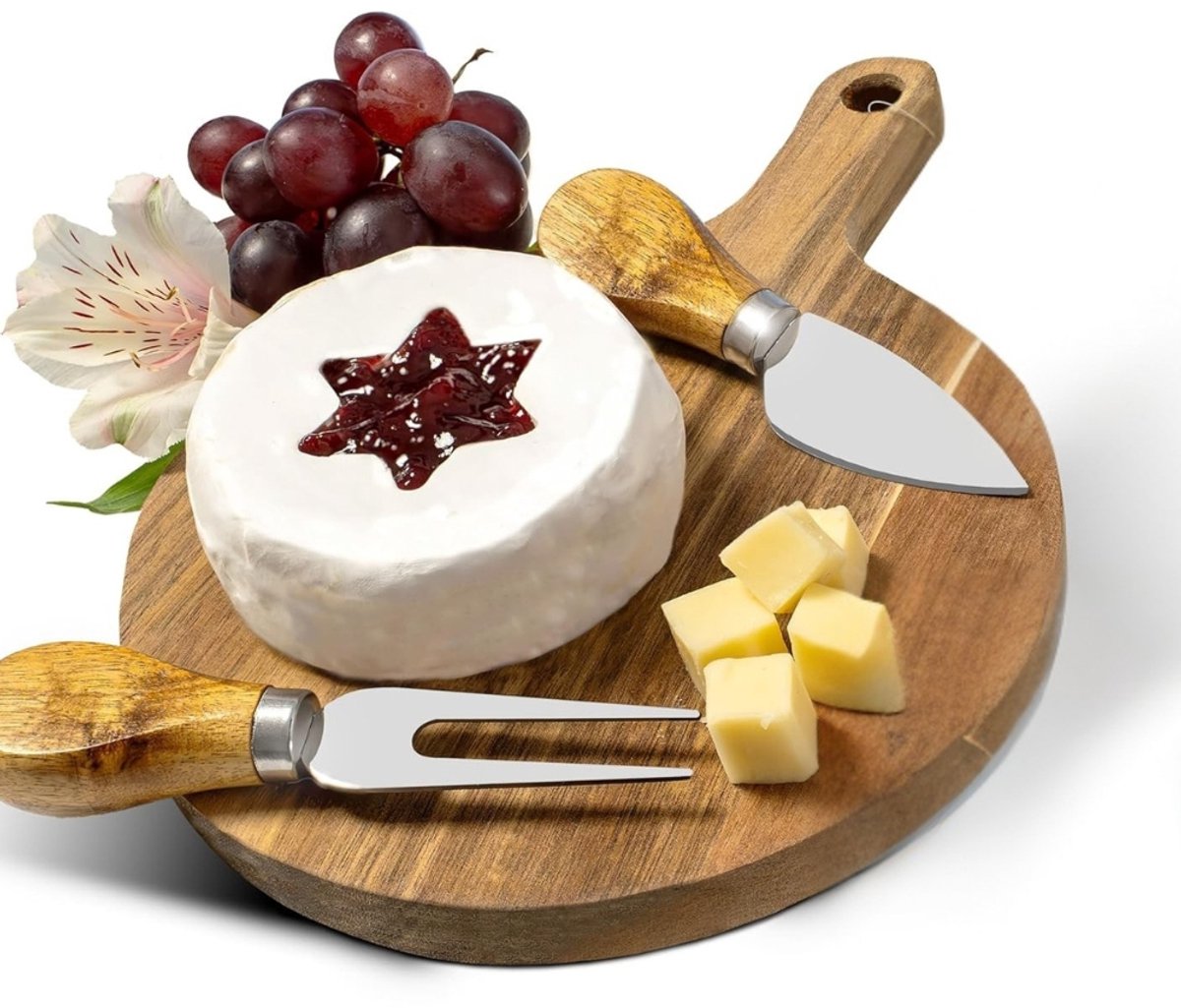 Famanu - Ronde acaciahouten kaasplank Ø17,5 cm met 2 messen, inclusief e-book – Natuur