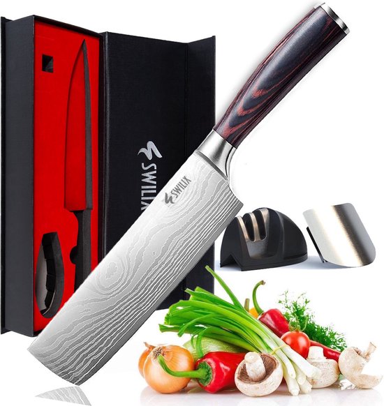 Swilix Professioneel Nakiri Koksmes 20 CM, Inclusief Messenslijper, Mes- en vingerbeschermer, Duurzaam En Vlijmscherp - Universeel RVS Keukenmes