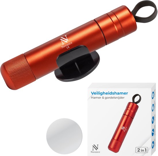 Nuvance Veiligheidshamer - Noodhamer - Incl. Zelfklevende Houder en Testglas - Gordelsnijder - Auto Hamer - Veilig Onderweg - Rood