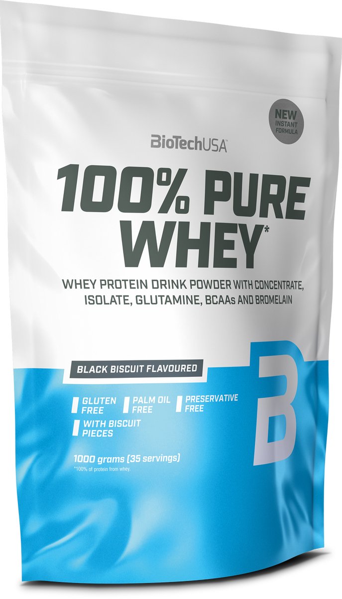 BioTechUSA 100% Pure Whey | Eiwitpoeder met BCAA en Glutamine | Glutenvrij, Palmolievrij | 21g Eiwit per portie, 1 kg, Zwart Biscuit