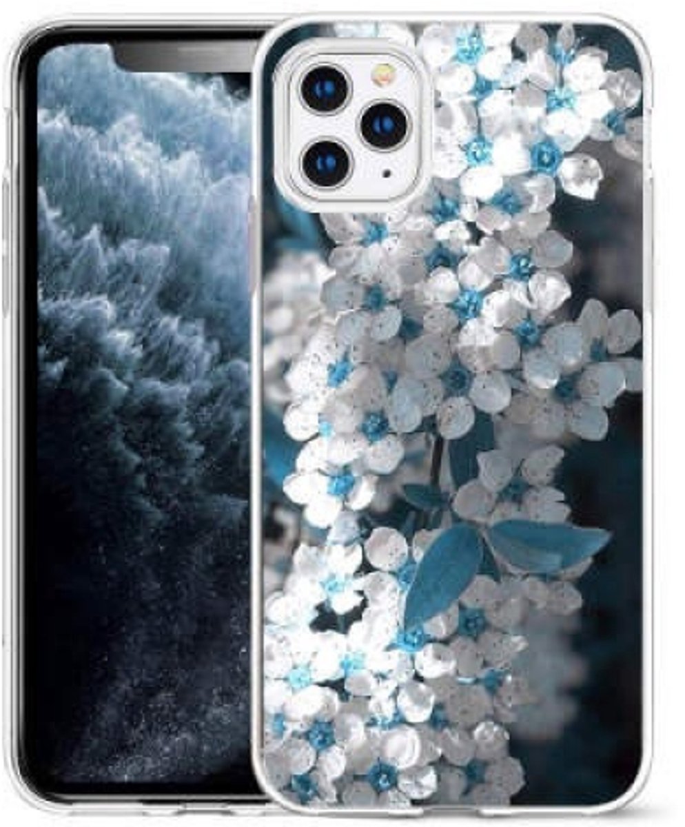 Cityhoesje - Backcover iPhone 14 Pro Max - Bloemen wit Blauw