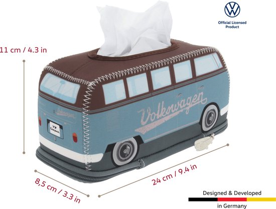 Blauwe Volkswagen T1 Bulli bus tissuebox met bruine details, Volkswagen logo en 'Volkswagen' opschrift.