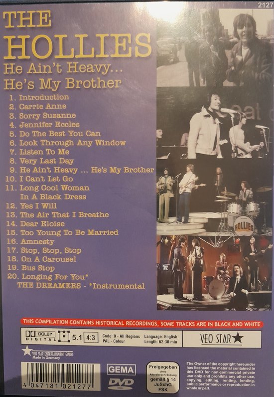 DVD-hoes van The Hollies He Ain't Heavy... He's My Brother met tracklist en foto's van de band.